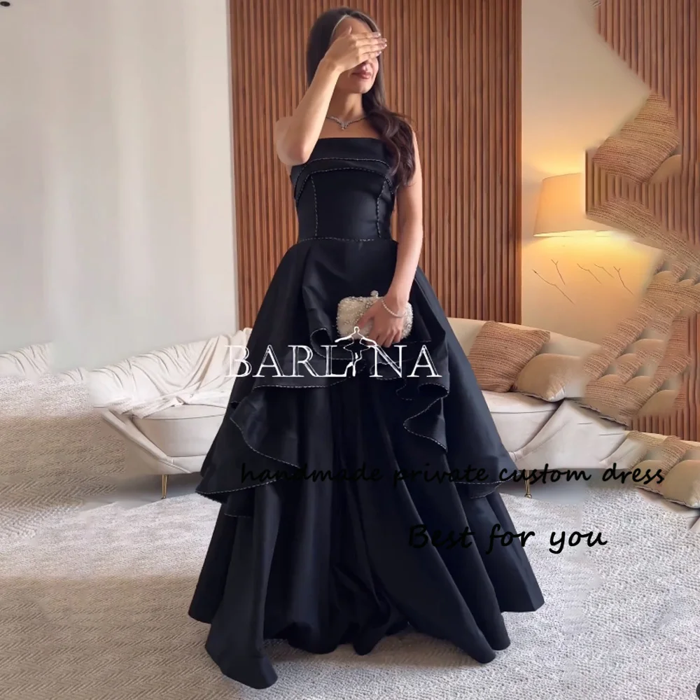 

Black A Line Evening Dresses for Women Beads Satin Long Formal Prom Dress Floor Length Arabic Dubai Evening Party Gowns