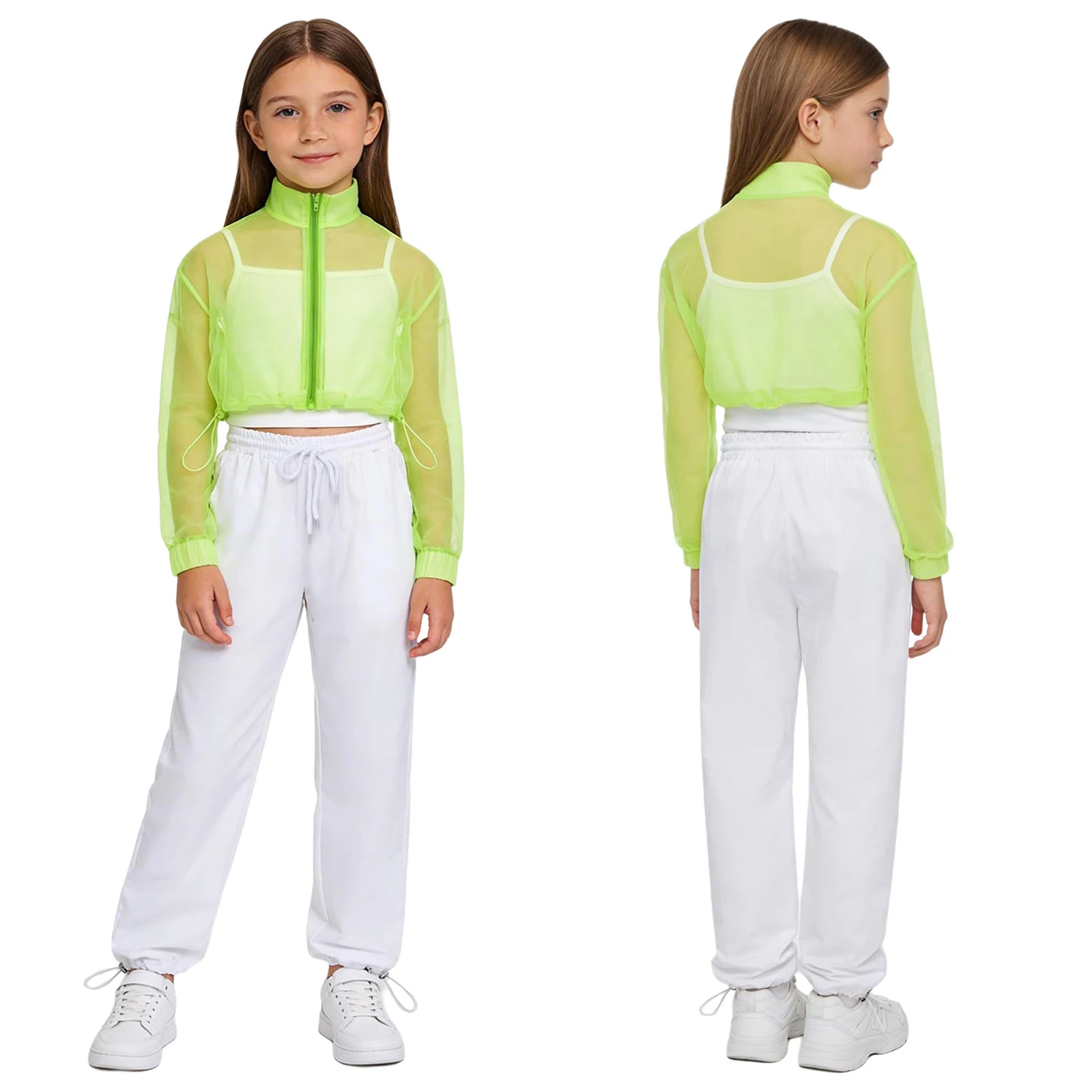 

Kids Girls Hip Hop Jazz Street Dance Outfits Semi-Sheer Long Sleeve Zipper Mesh Crop Top Outwear with Pants Sportwear Tracksuits