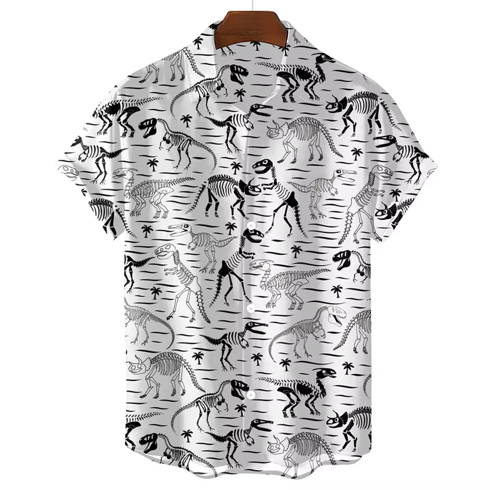 Fashionable Minimalist Dinosaur Print Short Sleeved Shirt for Men's Summer Loose Collared Couple Versatile Top