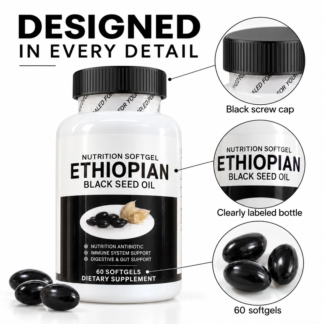 Ethiopian Black Seed Oil Softgels 60 Capsules, Dietary Supplement for Immune System Support, Digestive Health and Daily Wellness