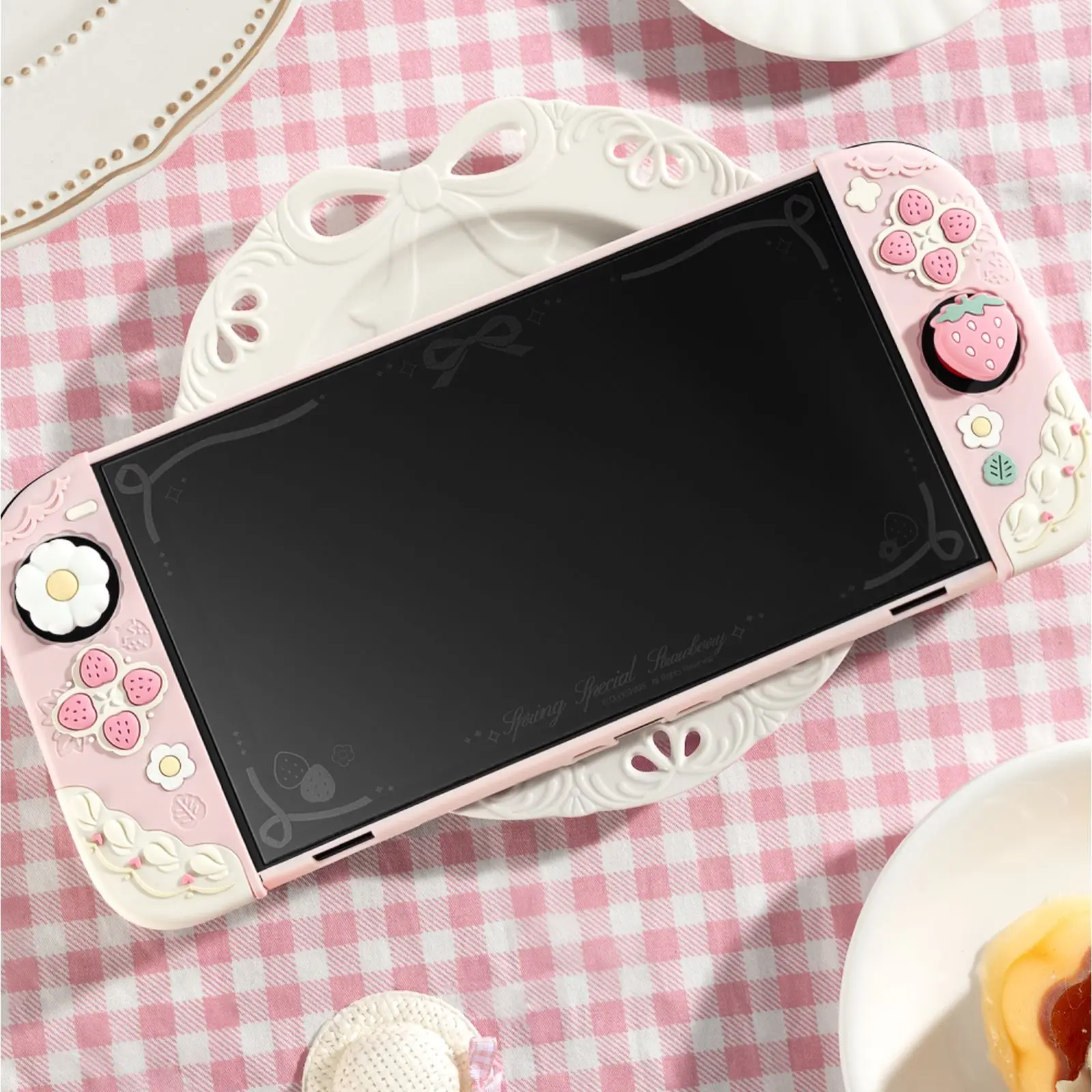 GeekShare Premium High-Aluminum Tempered Glass Screen Protector for Switch 2/Switch OLED, Positioning Frame,Strawberries Cream
