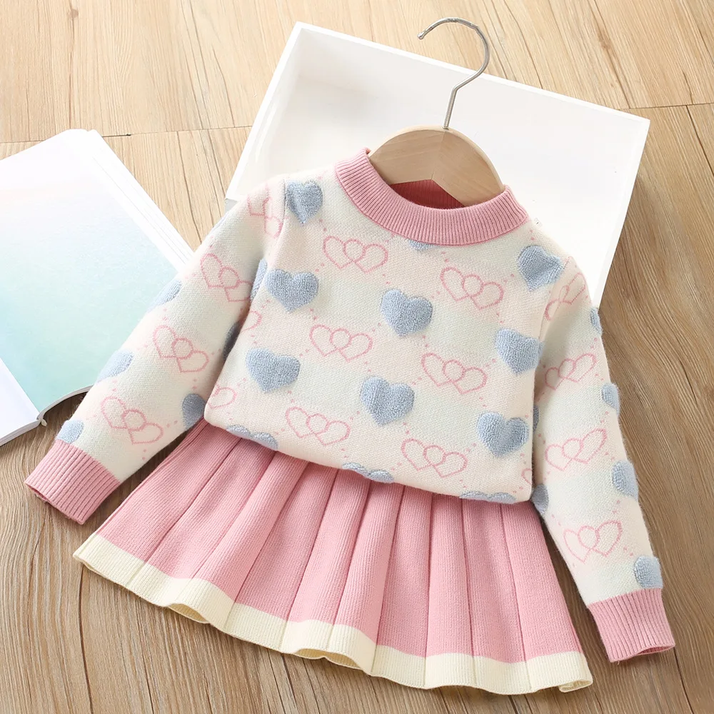 

Children Girls Sets O-Neck Floral Print Top+Skirt 2piece Set Winter Sweater Kids Clothing