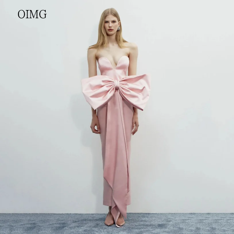 

OIMG Classic Pink Sweetheart Neck Mermaid Prom Gowns Satin Bow Formal Party Gown Ankle Length Evening Dress Customized
