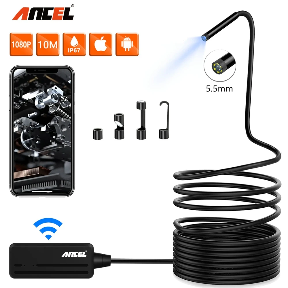 ANCEL WIiFi Endoscope HD Inspection Camera Waterproof Borescope 1080P 6500K 5.5mm Scanner Android IOS PC HD Endoscope Meter