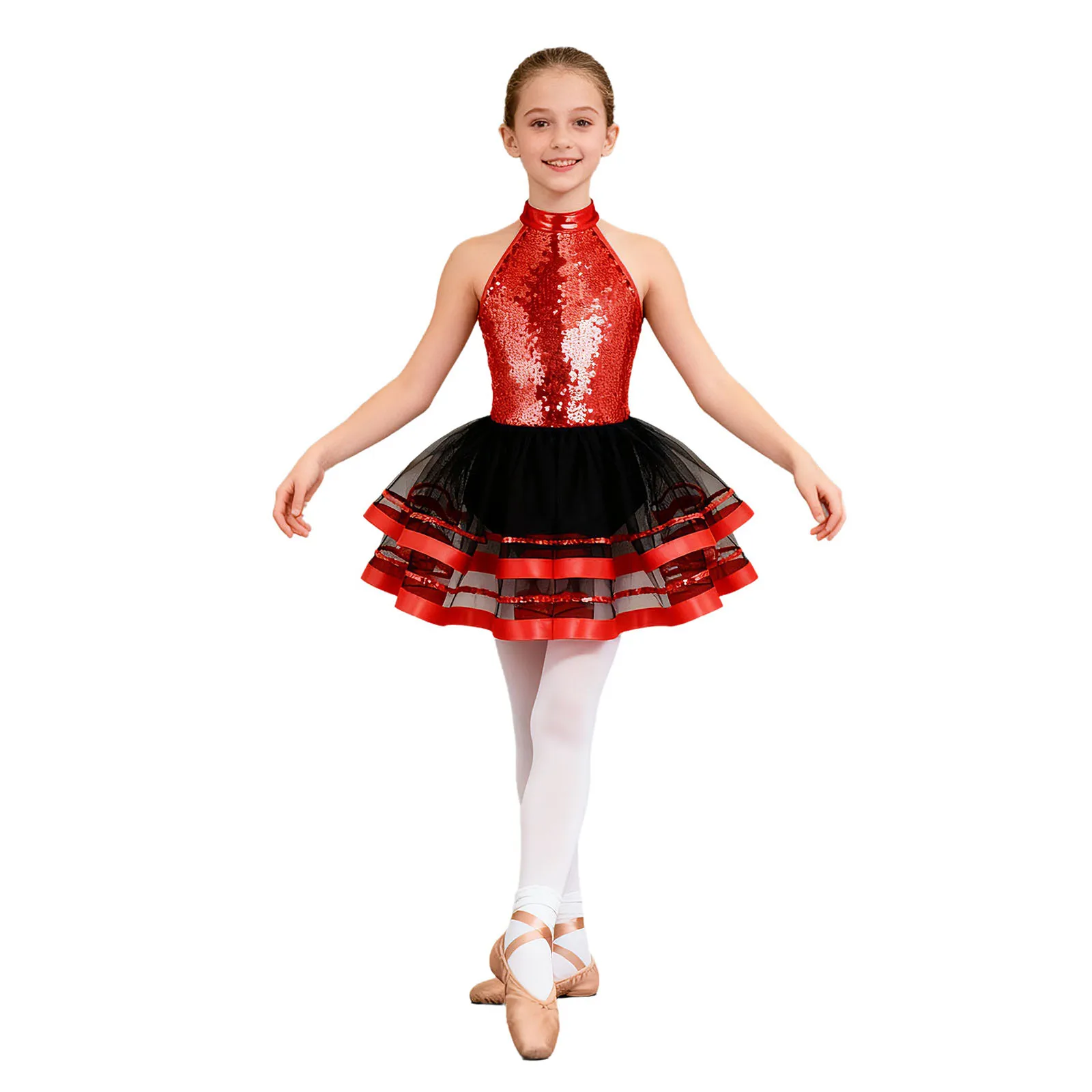 Girls Shiny Sequin Ballet Dance Tutu Dress Halter Sheer Mesh Gymnastics Leotard Figure Skating Modern Latin Jazz Dancing Costume