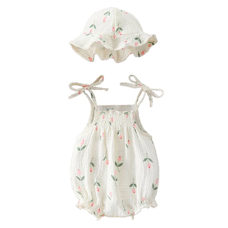 

Летний комбинезон для малышей 3-18 месяцев, для девочек, с цветочным принтом, на бретелях, 2 предмета, с тематикой тюльпанов, цельный ромпер с шапочкой