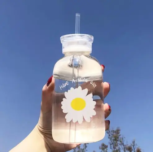 Double lid daisy transparent frosted high borosilicate glass portable ins straw drinking cup