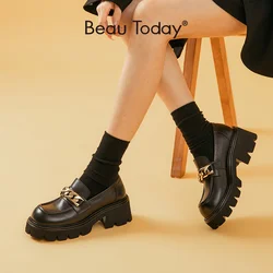 BeauToday platformy mokasyny kobiety skóra cielęca metalowy łańcuch okrągły nosek poślizgu na Chunky Sole panie płaskie buty Handmade 26507