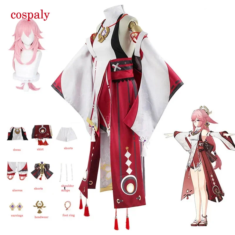 Genshin Impact Yae Miko Cosplay Costume Wig Dress Party Outfit Halloween Costumes For Women Carnival Christmas Masquerade Party