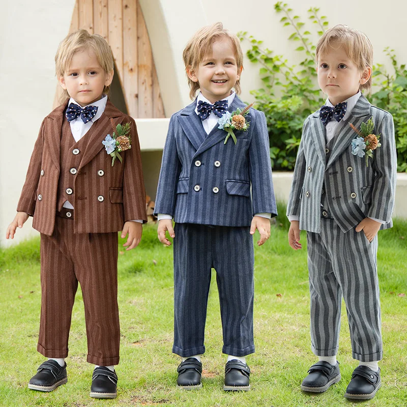 

Children's Formal Stried Suit Set Boys Piano Speech Host Wedding Party Costume Kid Blazer Vest Pants Bowtie Clothes