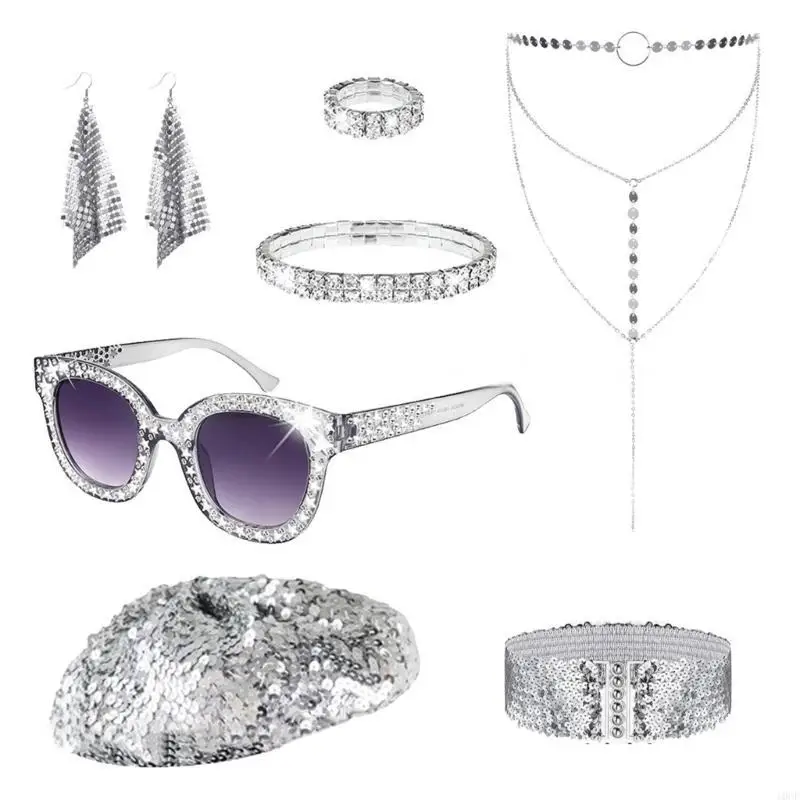 60er 70er 80er Jahre Disco Accessoires Frauen Kostüm Kostüm Disco Set Disco Ohrringe Sonnenbrillen Pailletten Caps Halskette