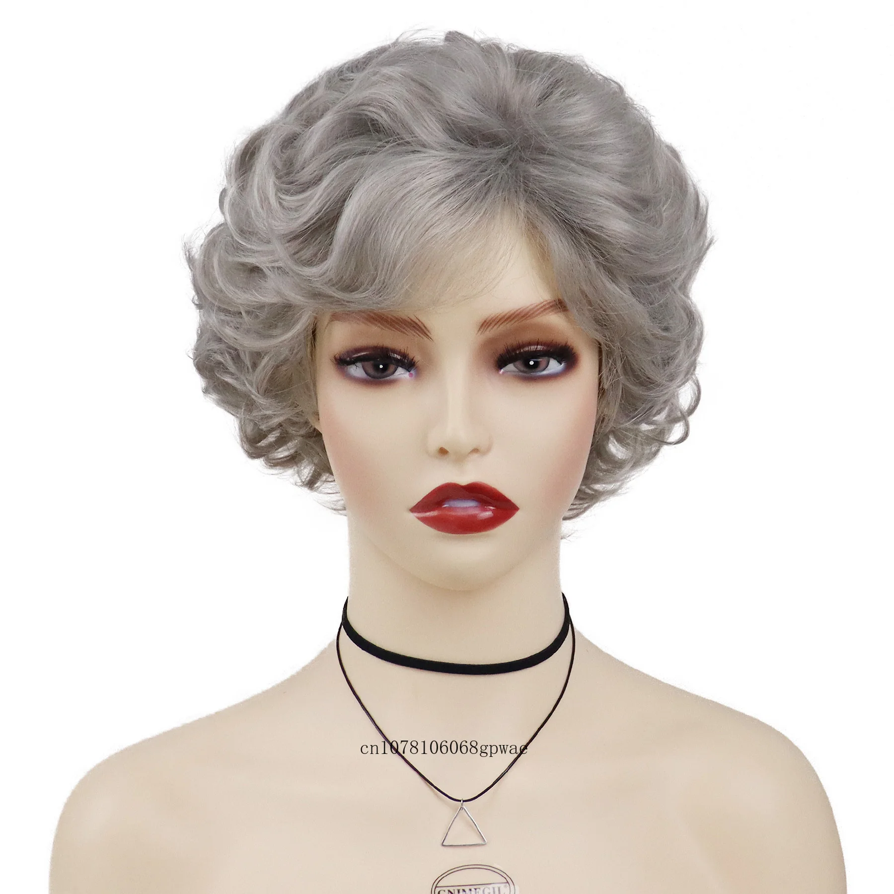 Synthetic Grey Wig for Women Natural Fluffy Old Lady Wigs with Bangs Grandma Cosplay Halloween School Party Use Short Curly Hair