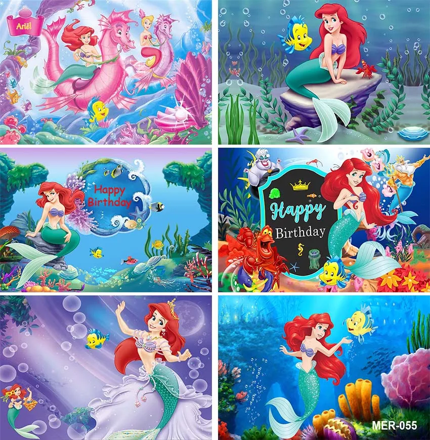 Disney Ariel Little Mermaid Princess Backdrop Under The Sea Mermaid Background Photography Girls Birthday Party Decoration