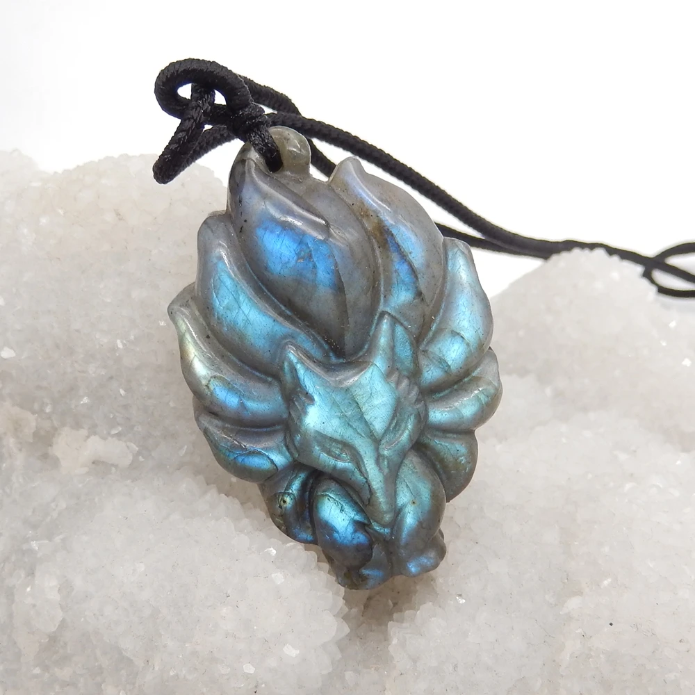 Natural Labradorite Hand Carved Nine-Tailed Fox Pendant Bead,Semiprecious Fashion Jewelry Necklace Accessories Gift