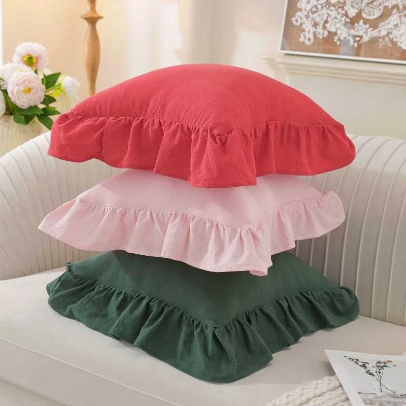 30x50/45x45CM Single-layer Flounced Square Throw Pillow Cover 100% Washed Cotton Waist Cushion Cover Home Decorative Pillowcase