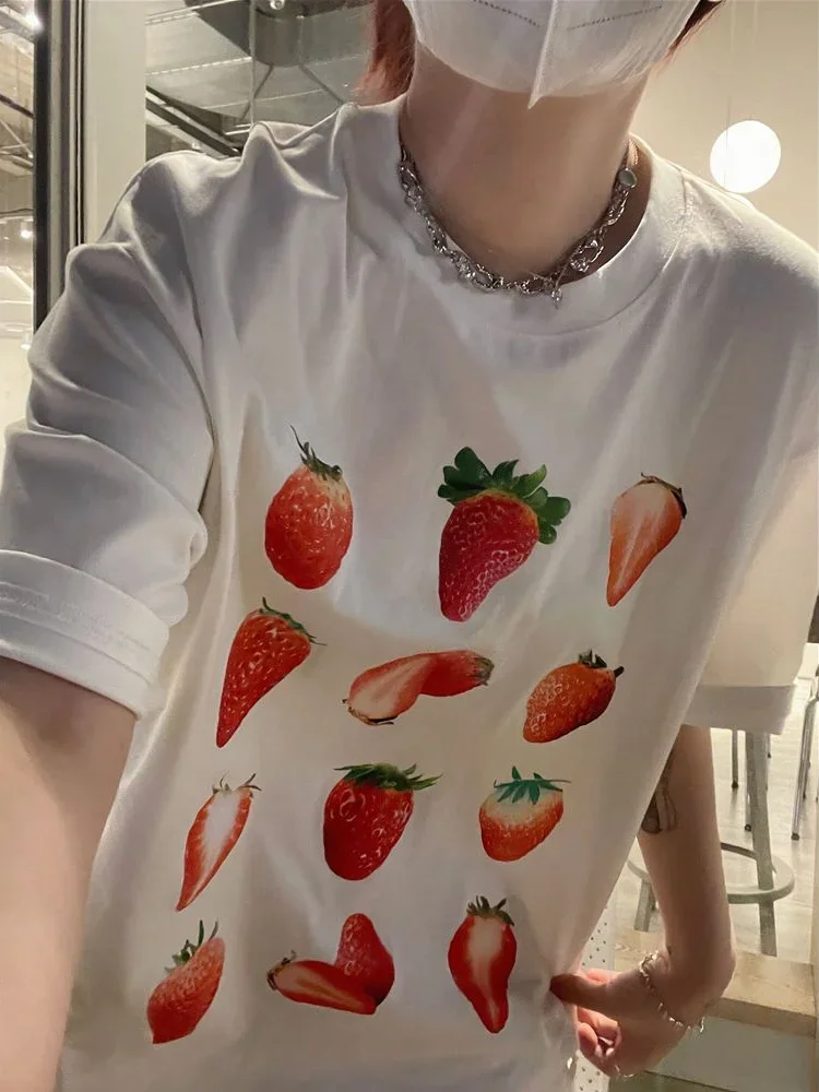 Summer Y2k Aesthetic Strawberry Print T-shirts Loose O Neck Casual Short Sleeve All Match Top Women Fashion Harajuku  Tees