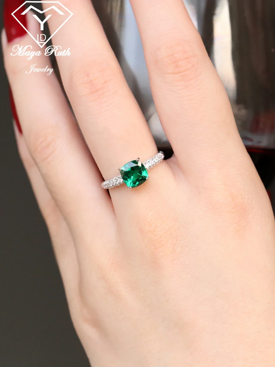 Created Emerald Square Halo Ring Real 925 Sterling Silver Cushion Cut Design Party Vintage For Women Retro Unique Gifts