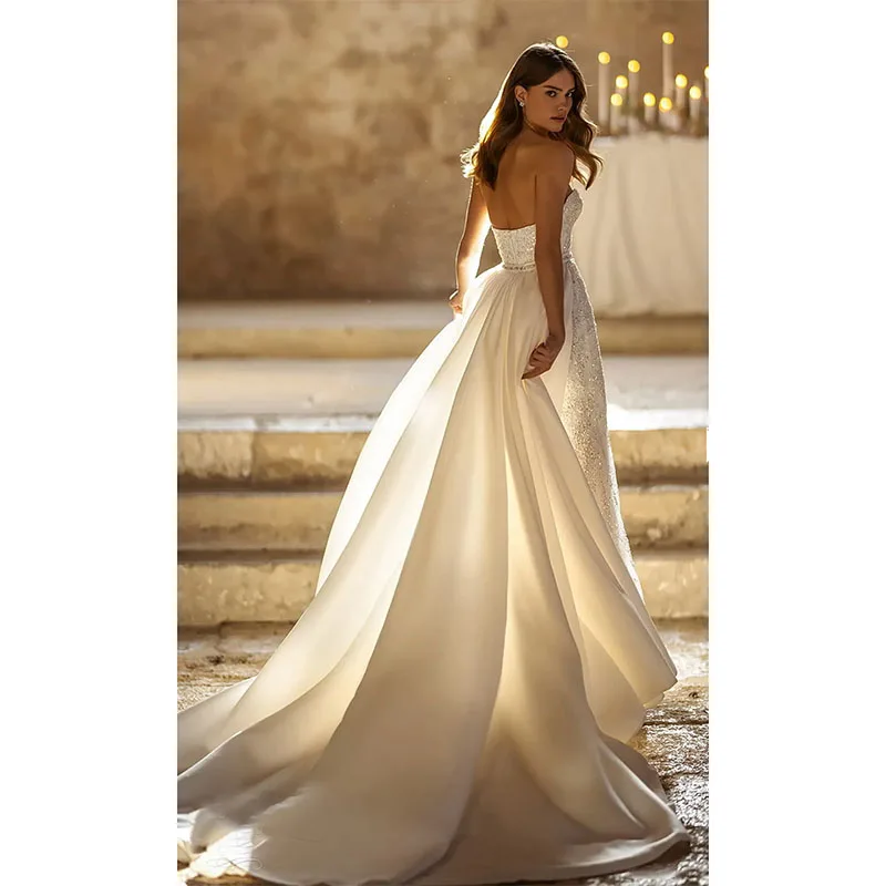 Squisiti abiti da sposa a sirena Abiti da sposa senza spalline con scollo a cuore Abiti da sposa in raso con paillettes staccabili personalizzati