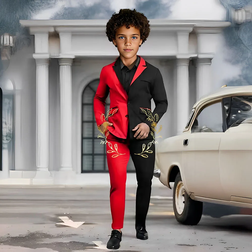 Elegant Boy's Suit 2-piece Wedding Tuxedos Kids Slim Fit Suit Red Black Colorblock 3 Buttons Jacket Pants for Boy Blazer