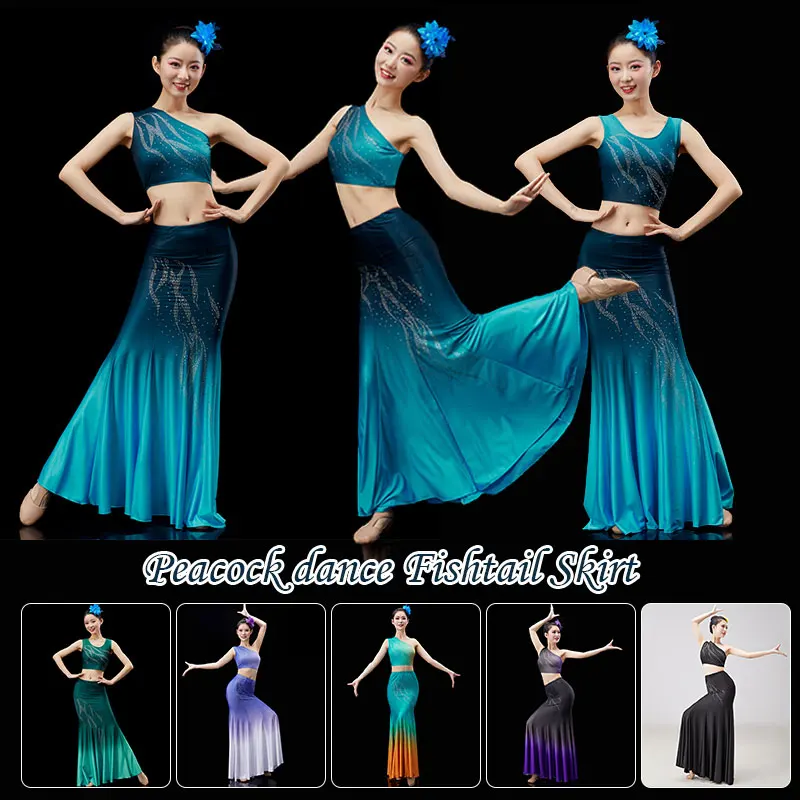 

Women Dai Dance Costumes Fish Tail Leotard Skirt +Top Suit Dancewear Peacock Traditional Folk Stage Costume National Dance