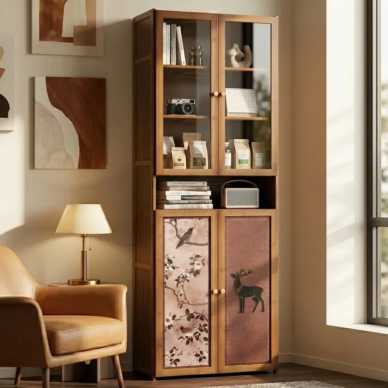 Medieval Style Modular Floor Bookcase with Glass Doors Whole Wall Display Cabinet for Living Room Home Storage