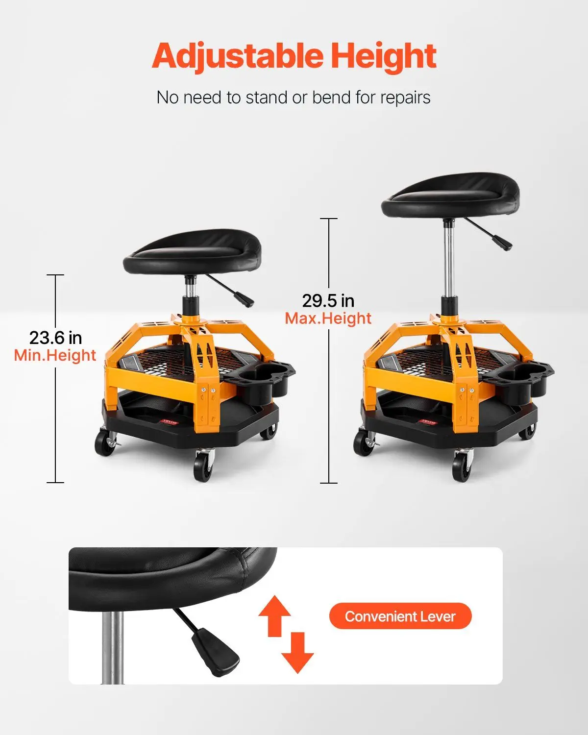 300파운드(약 136kg) 중량급 이동식 작업용 스툴, 높이 조절 및 잠금 바퀴 포함, 차고용 스툴, 이중 수납 트레이 및 캔 홀더