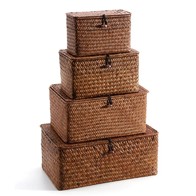 Woven Straw Storage Bins with Lid - Set of 4 - Rectangular Seagrass Basket/Storage Basket for Shelf Organizer-A09G