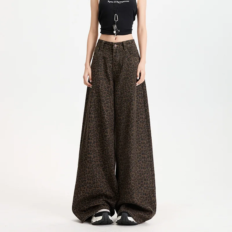 Leopard Print Retro Casual Jeans Women's Trousers Spring and Autumn New High Waist Loose Fashion Personalized Mopping Pants