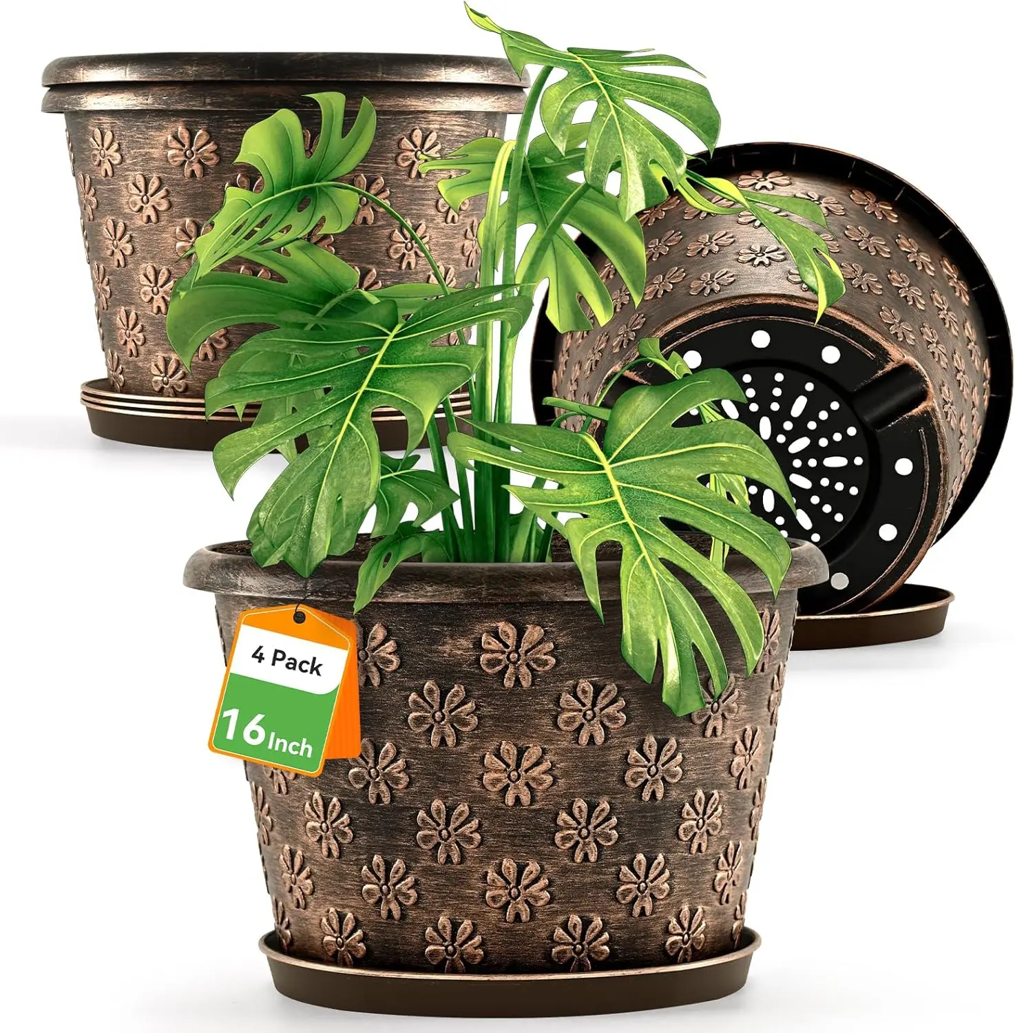 Macetas de 16 Pulgadas para Plantas, Macetas Grandes de Plástico para Interiores y Exteriores, Paquete de 4 Macetas de Resina con Drenaje y Plato, Resistentes