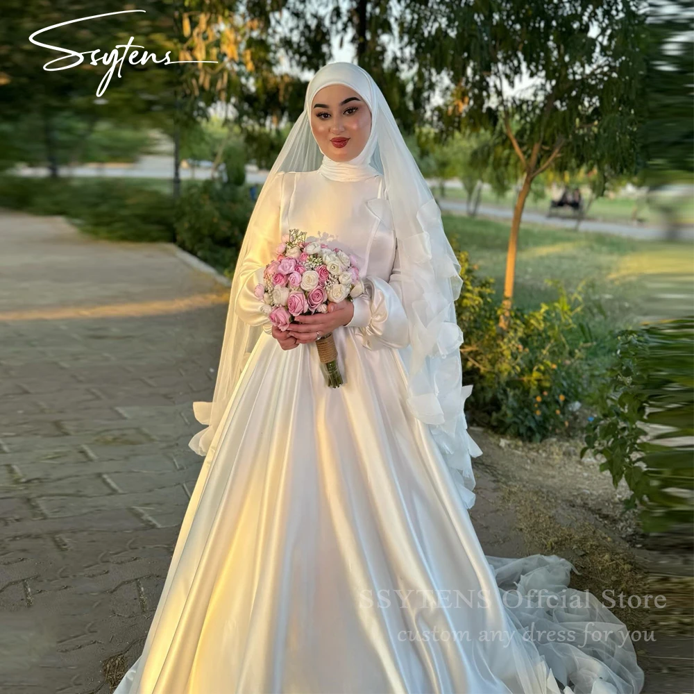 SSYTENS Muslim A-line Wedding Dresses High Collar Satin Bride Gown Floor Length Bridal  Dress Long Sleeves Custom robe de mariée