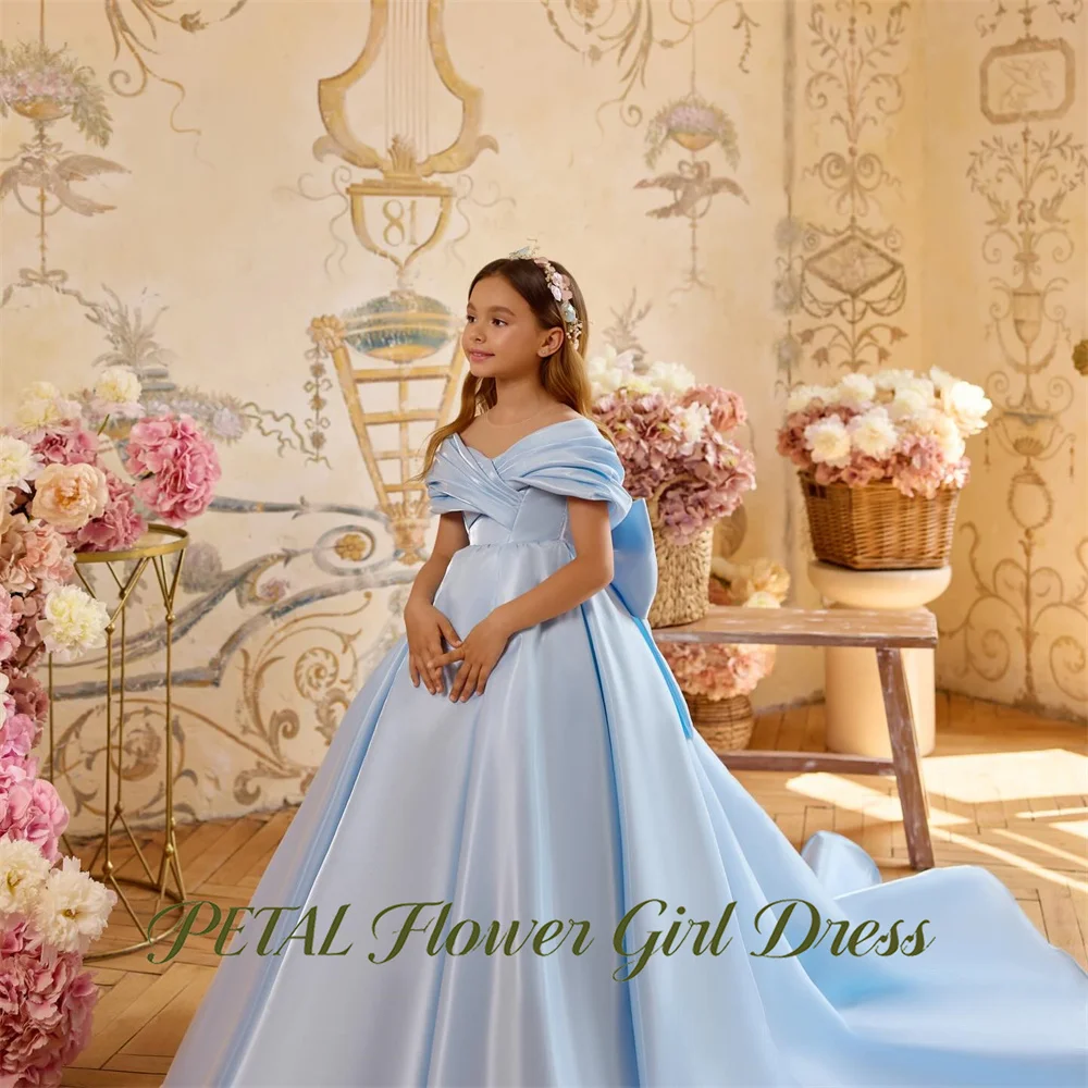 Petal Bow At Back Kids Birthday Party Dress Off the Shoulder Pageant Dress for Girl Royal Blue First Communion Gown Customized