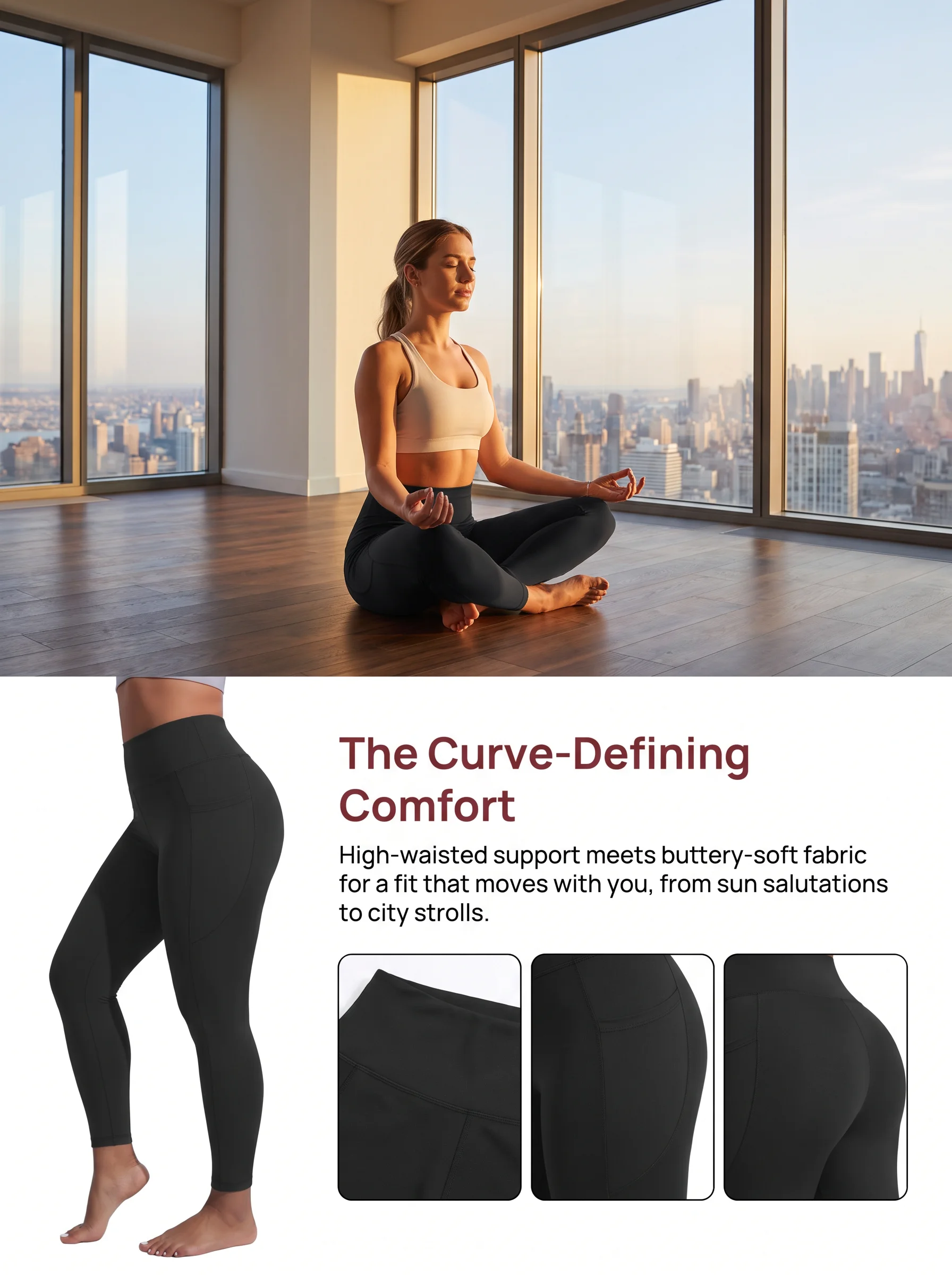 Übergrößen-Leggings mit Taschen für Damen - Bauchkontrolle Hochgeschnittene Weiche Workout-Yoga-Hosen – Detail 4