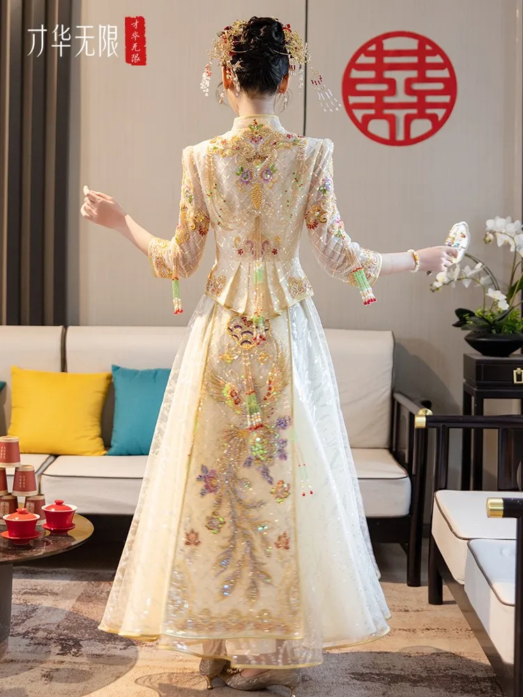 Champagne wedding dress new for brides Chinese-style heavy mesh fabric