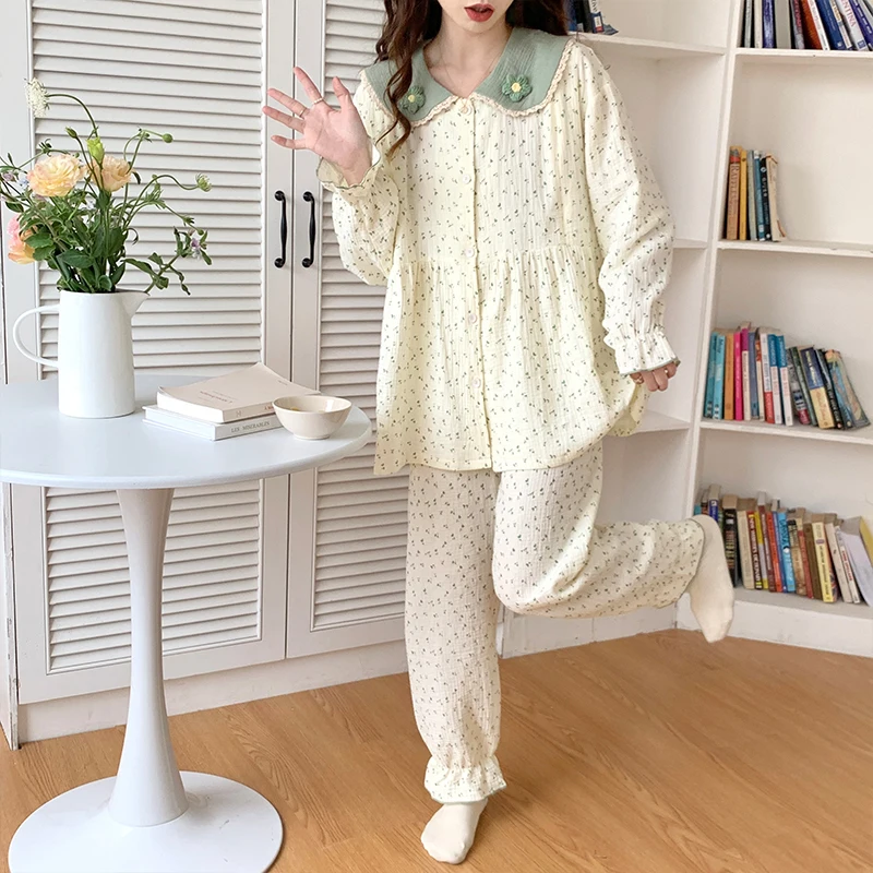 100% Cotton Double Gauze Maternity Nursing Sleepwear Sets Summer Sweet Breastfeeding Pajamas Night Wear Pregnancy Home Hospital