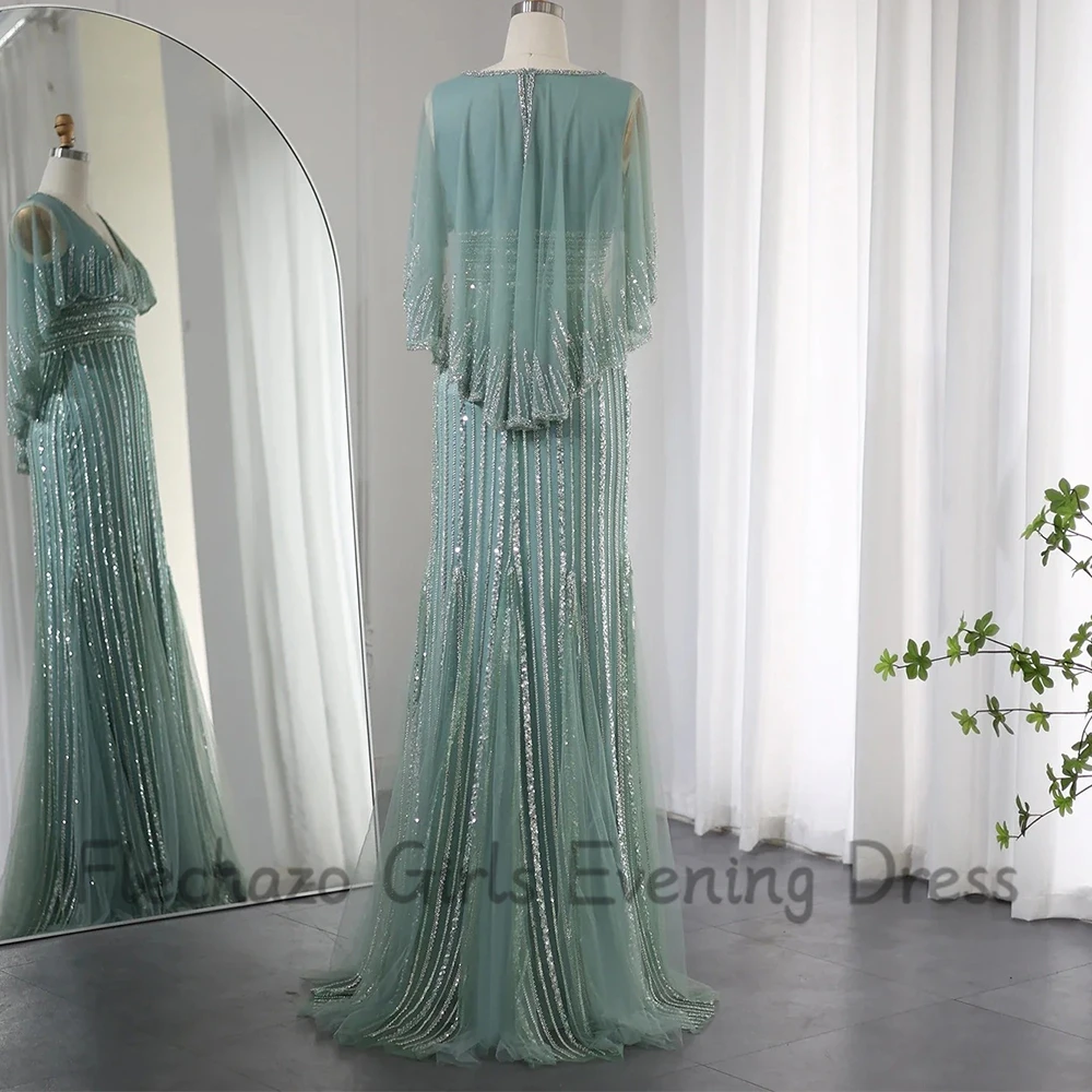 Flechazo Luxury Beading Evening Dress Classic Tulle Mermaid Floor Length V-Neck Cloak Sleeves Women Custom Made Colorful Gowns