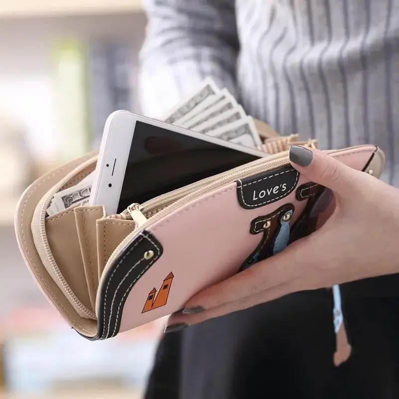 Ladies Zipper Long Wallet Large Capacity PU Leather Dog Pattern Contrasting Color Fashion Retro Clutch Waterproof Purse