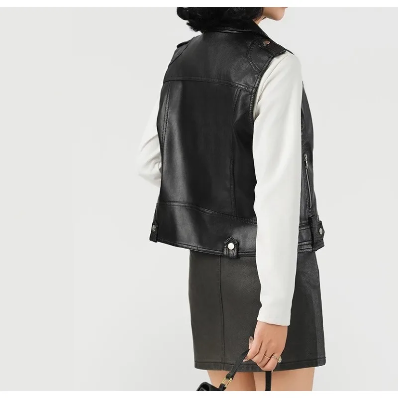 Modny garnitur, skórzana kamizelka z klapami, nowa, uniwersalna damska kurtka skórzana na wiosnę 2026