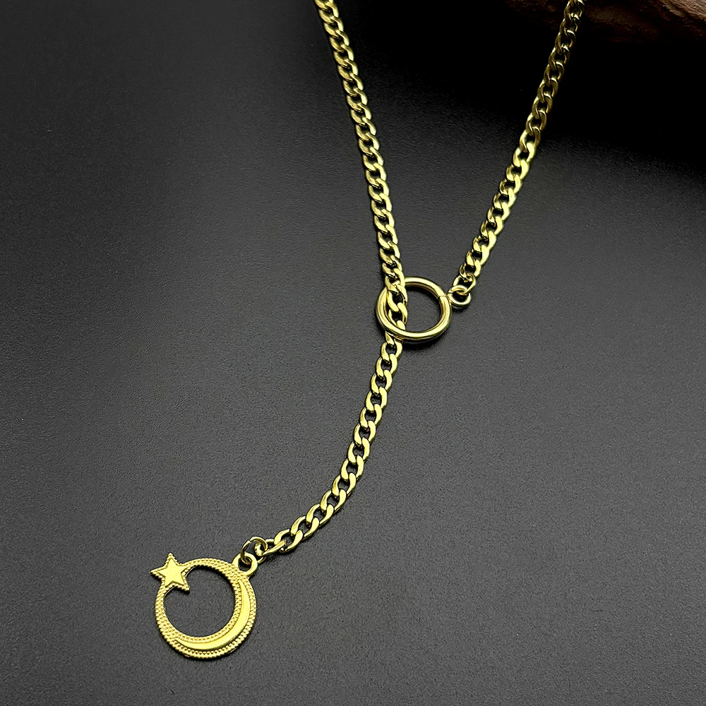 Islamischer arabischer Stern-Halbmond-Anhänger, O-Ring, lange Kette für Damen und Herren, Edelstahl, verstellbare Y-Halskette, Schmuck, Geschenk – Detail 5