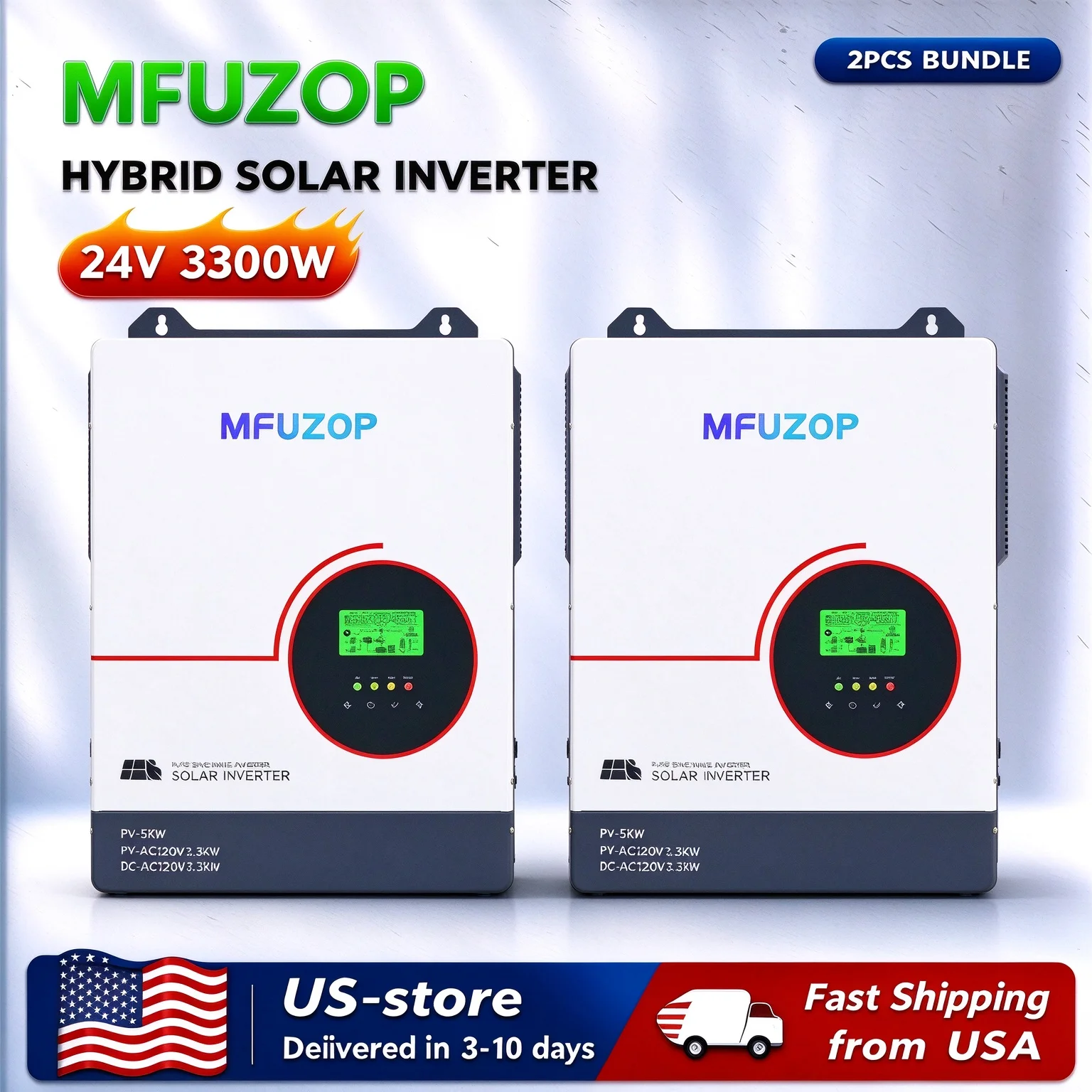 MFUZOP  2PCS Bundle 3300W Hybrid Solar Inverter 24V, 120VAC 60Hz Pure Sine Wave, Built-in MPPT Solar Charge Controller, Max PV Input 5000W Off-Grid Solar Power Inverter US Warehouse Fast Shipping
