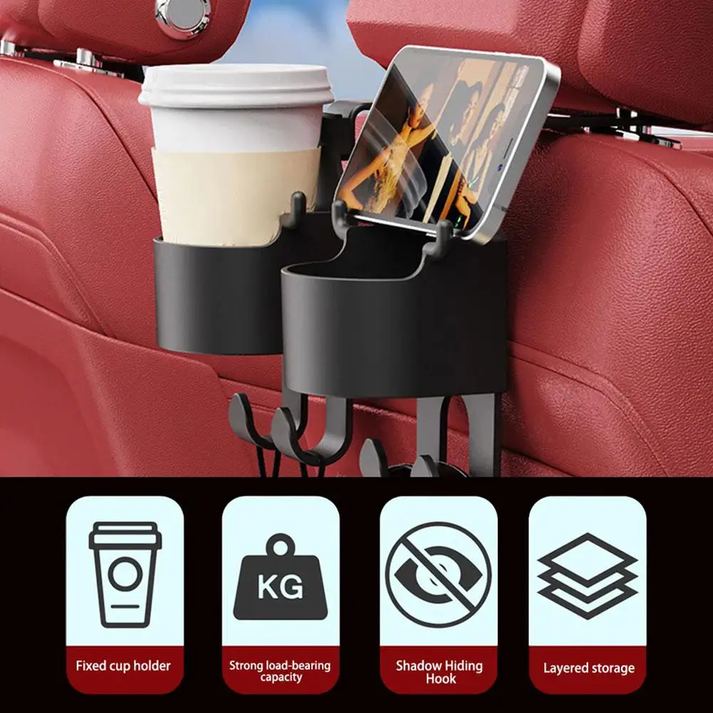 Backseat Car Organizer with Cup Holder, Multifunctional Back Seat Car Organizer with Two Seat Hooks, Hold Snacks Drinks & Phones
