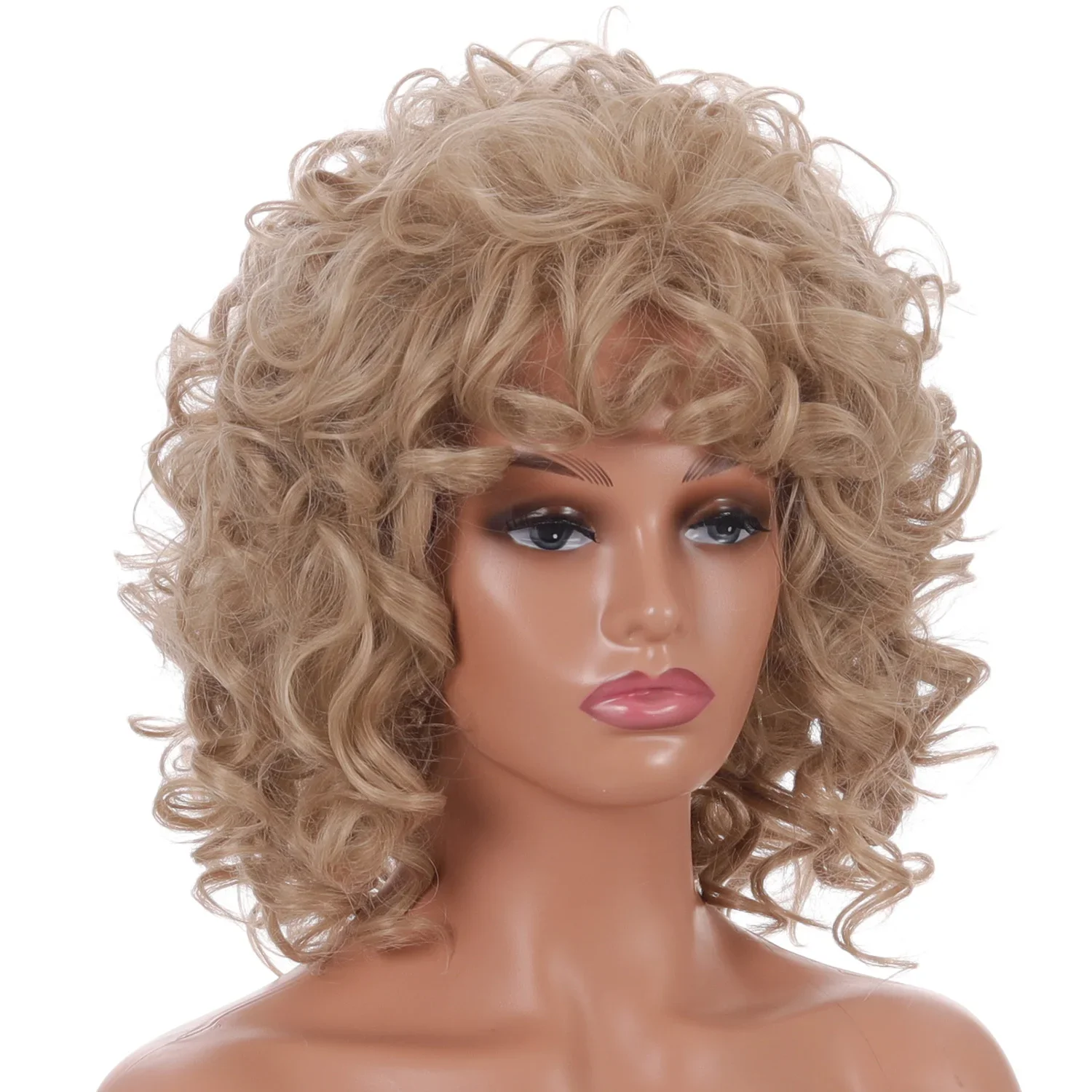 Women Curly Blonde Synthetic Wig with Bangs Glueless Short Afro Kinky Curly Wig Female Heat Resistant African Fluffy Wave Hair