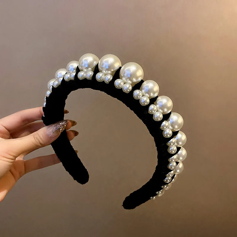 European and American Fashion Design Pearl Flannel Hair Hoop New Hair Aaccessories Personality Pearl Headdress Women's Headband