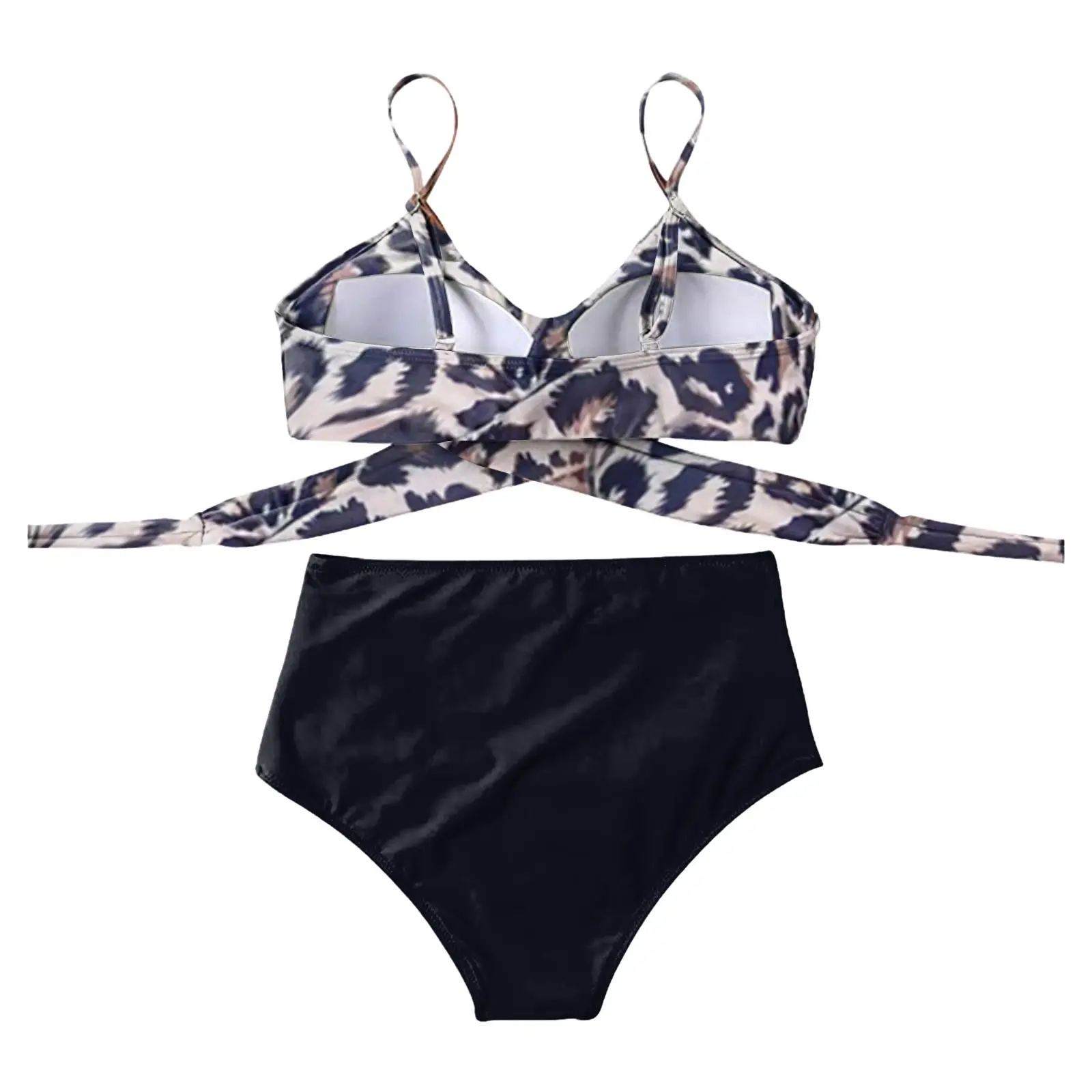 Conjunto sexy de biquíni com estampa leopardo feminino maiô dividido, decote em V ruched, push up, tops com renda, bandagem de cintura alta, troncos de praia