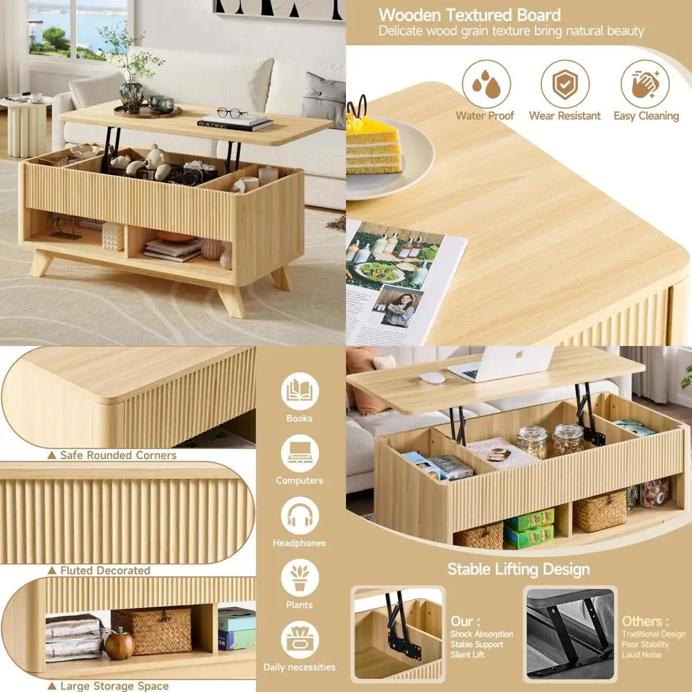 

Журнальный столик в современном фермерском доме середины века с подъемной столешницей и скрытым хранилищем