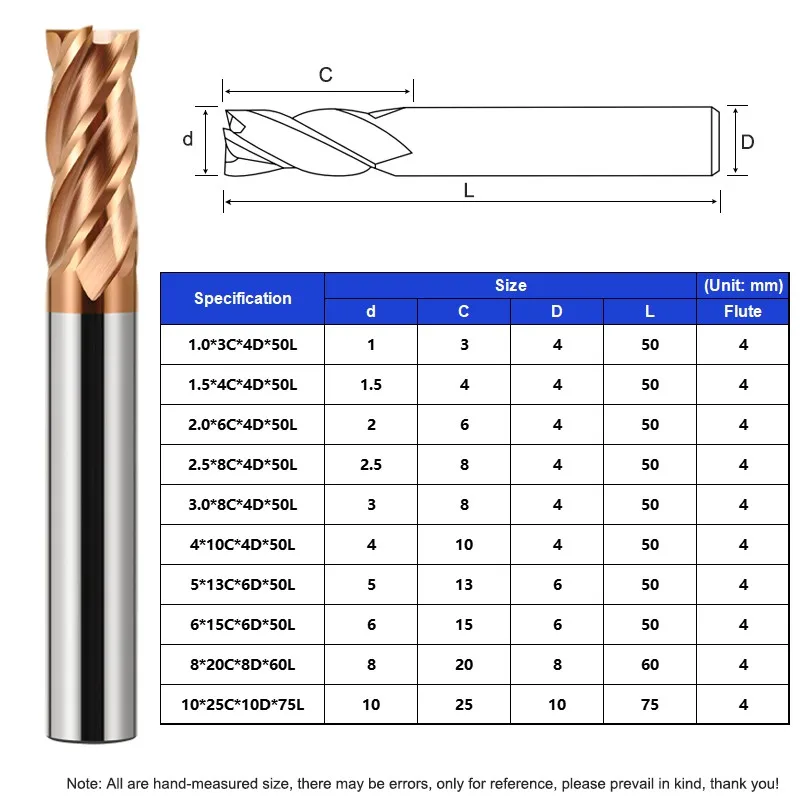 AZZKOR HRC55 4-Flute 10 Piece-set Tungsten Steel Carbide Alloy Coating Flat Milling Cutter CNC Mechanical Machining Endmill Tool