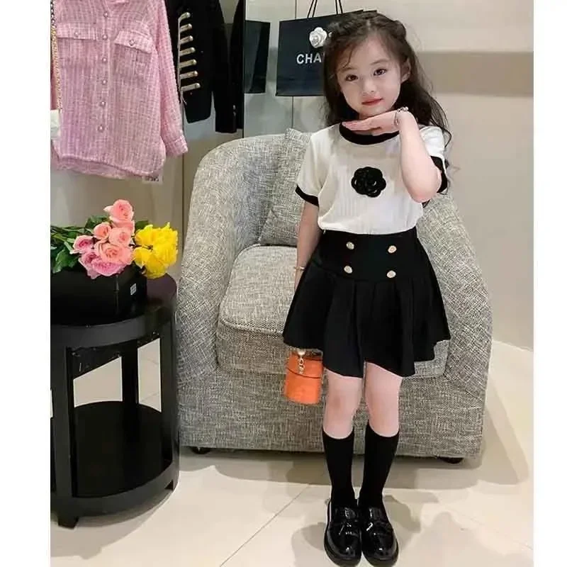 

Girl's Clothing Sets Skirt 2023 Summer Korean Version Set Simple Floral T-Shirt+Fashionable Pleated Skirt Two-piece Suit