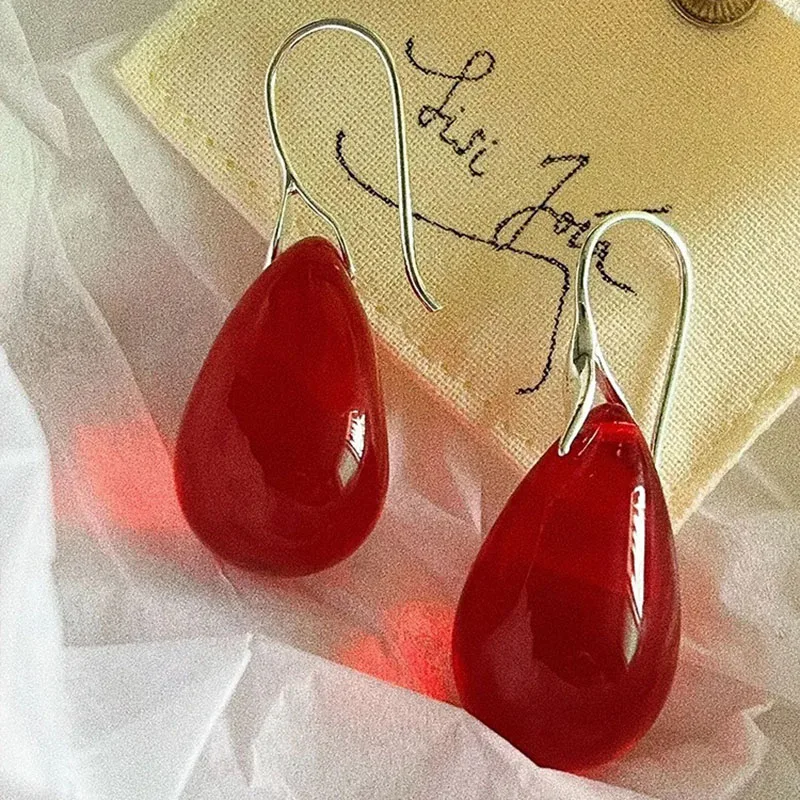 Red glass waterdrop dangle earrings for women korean fashion earrings fever summer jewelry cute simple beach jewelry