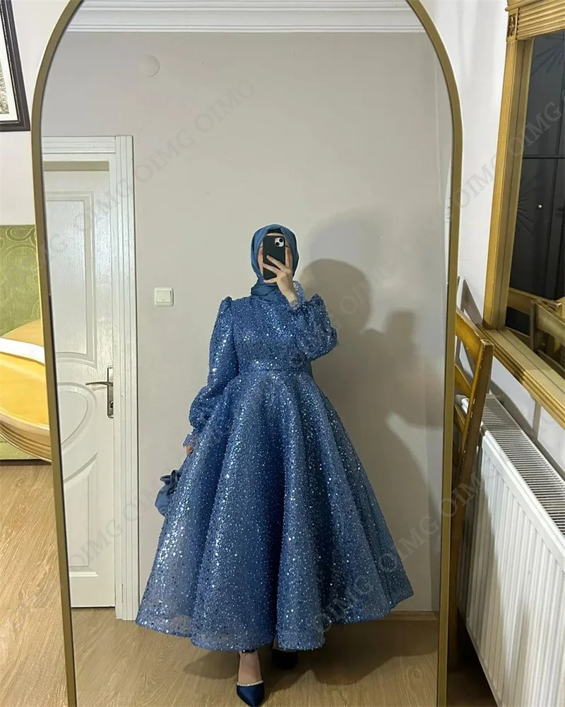 OIMG Glitter Lace Beads Evening Dress Sparkly Beading Pleats Formal Prom Dress High Neck Full Sleeves Wedding Party Gown