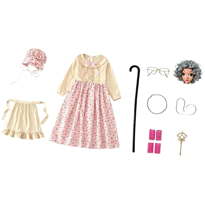 573B Kid Old Lady Costume Set 100th Day of School Costume for Halloween Cosplay Props