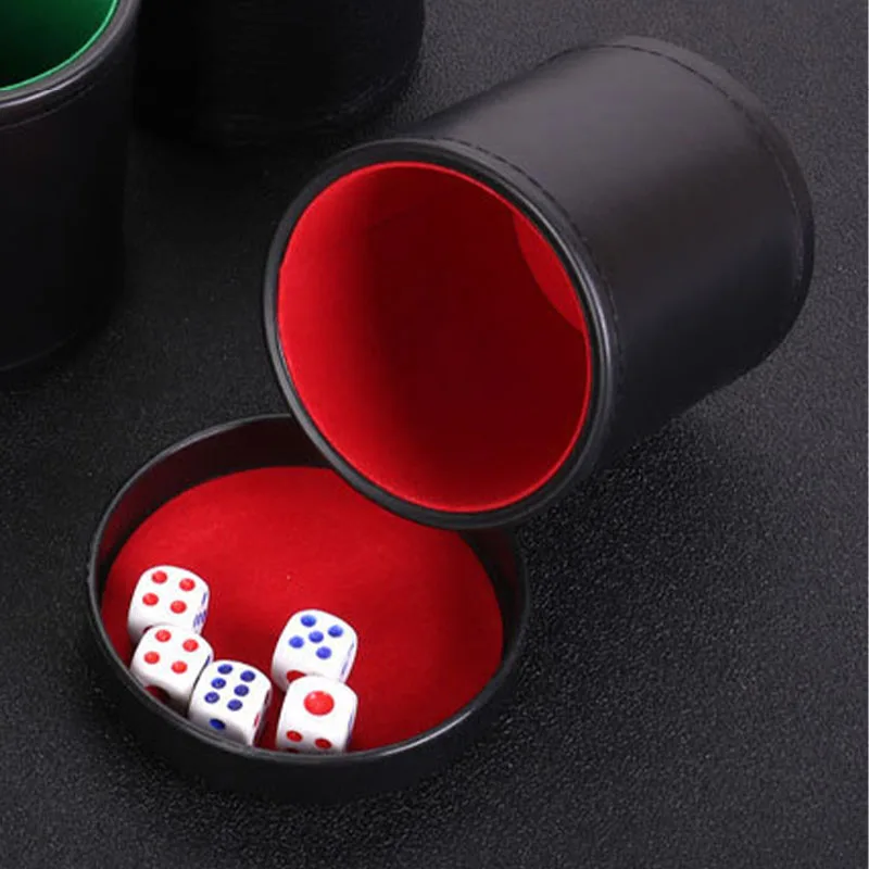 1pc Leather Dice Cup with Lid, Red Lining Quiet Dice for Board Games Party Game Type,Includes 5  Dice